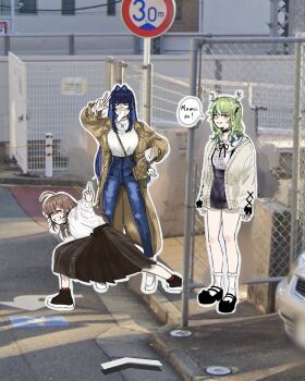  3girls antlers arm_up black_choker black_hair black_ribbon black_shoes black_skirt blue_hair blue_pants blunt_bangs breasts brown_car brown_coat brown_hair car ceres_fauna choker closed_eyes coat colored_inner_hair commentary english_text fence frilled_choker frilled_shirt_collar frills gradient_hair green_hair grey_hair hair_intakes high_school_girls_posing_for_google_street_view_(meme) highres hololive hololive_english horns jewelry large_breasts long_hair long_sleeves looking_at_viewer medium_hair meme middle_finger motor_vehicle multicolored_hair multiple_girls nanashi_mumei neck_ribbon necklace open_mouth ouro_kronii pants photo_background plaid_clothes plaid_skirt pleated_skirt ribbon road ryy_0x0 shirt shirt_tucked_in shoes sidelocks skirt sleeves_past_wrists socks speech_bubble spit_take spitting standing sweat sweatdrop sweater tree_horns turtleneck turtleneck_shirt v very_long_hair virtual_youtuber w white_shirt white_socks white_sweater 