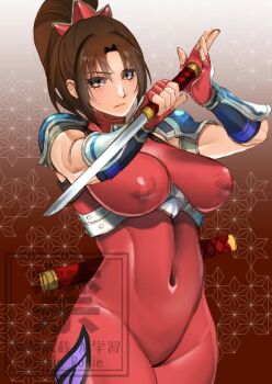  1girl bodysuit breasts brown_background brown_eyes brown_hair commentary_request covered_erect_nipples cowboy_shot eyelashes fingerless_gloves gloves gradient_background high_ponytail holding holding_knife knife large_breasts long_hair ninja ponytail red_bodysuit red_gloves rosie_rosie short_sword shoulder_pads solo soul_calibur sword taki_(soulcalibur) tantou weapon 