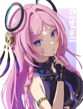  1girl absurdres arm_under_breasts armlet asymmetrical_gloves black_leotard blue_eyes blue_nails braid character_name citlali_(genshin_impact) colored_eyelashes commentary facial_mark fingerless_gloves floating_headgear forehead_mark genshin_impact gloves gold_armlet hand_up headgear highres jewelry leotard light_blush long_hair looking_at_viewer nail_polish nemui_jinrui open_mouth parted_bangs pink_hair pink_pupils ribbed_leotard solo triangle triangle_facial_mark twin_braids uneven_gloves upper_body 