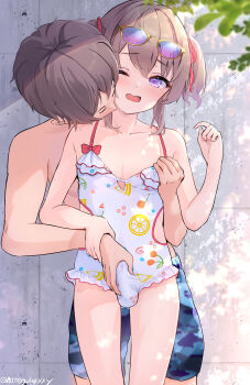  2boys blush brown_hair bulge crossdressing crossdressing_(mtf) erection erection_under_clothes glasses grabbing_another's_breast grabbing_from_behind groping kiss kissing_neck multiple_boys one-piece_swimsuit one_eye_closed open_mouth original outdoors penis_grab peteron precum precum_through_clothes purple_eyes shota swimsuit thighs trap 