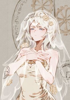  1girl absurdres bare_shoulders blue_eyes breasts bridal_veil chinese_commentary cleavage clock_print closed_mouth commentary_request dress e.g.o_(project_moon) enioreh everlasting_(e.g.o) fan_request faust_(project_moon) gear_hair_ornament gears grey_background hands_on_own_chest highres limbus_company medium_breasts medium_hair project_moon see-through_clothes see-through_veil simple_background solo upper_body veil wedding_dress white_dress white_hair white_veil 
