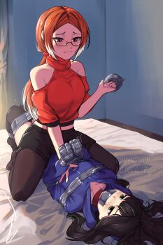  absurdres bare_shoulders bdsm black_hair black_pantyhose black_thighhighs bondage bound bound_arms breasts choker collarbone commentary commission english_commentary gag gagged glasses green_eyes green_hair highres hood hoodie improvised_gag long_hair looking_at_another lying medium_breasts midriff_peek multicolored_hair on_back orange_hair original pantyhose ponytail raynlikerain red_choker red_eyes restrained shibari shibari_over_clothes skindentation small_breasts streaked_hair sweater tape tape_gag thighhighs turtleneck turtleneck_sweater yuri 