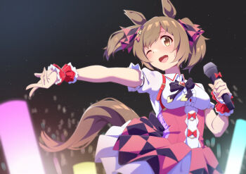  1girl animal_ears black_bow black_bowtie blush bow bowtie breasts brown_eyes brown_hair center_frills collared_shirt commentary_request frills gem hair_between_eyes hair_bow highres holding holding_microphone horse_ears horse_girl horse_tail medium_breasts microphone motsutoko multiple_hair_bows one_eye_closed open_mouth pink_bow pink_skirt puffy_short_sleeves puffy_sleeves purple_bow red_gem red_socks red_wrist_cuffs shirt short_sleeves skirt smart_falcon_(love_4ever)_(umamusume) smart_falcon_(umamusume) smile socks solo suspender_skirt suspenders sweat tail twintails umamusume white_shirt wrist_cuffs yellow_bow 