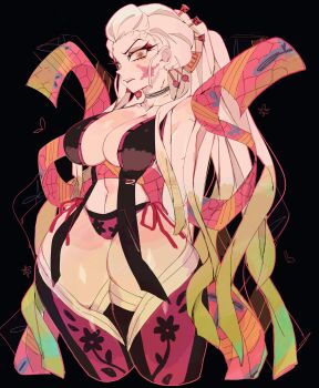  1girl bandages black_background breasts cropped_legs daki_(kimetsu_no_yaiba) disgust facial_mark floral_print highres huge_breasts kimetsu_no_yaiba long_hair navel pale_skin panties ponytail serious thighhighs underwear usa37107692 white_hair yellow_eyes 