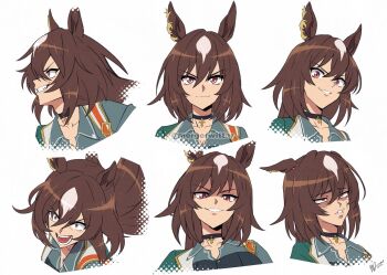  1girl animal_ears black_choker brown_hair choker closed_mouth collarbone cropped_shoulders ear_ornament green_jacket grey_shirt grin hair_between_eyes highres horse_ears horse_girl jacket long_hair looking_at_viewer mergeritter multicolored_hair multiple_expressions open_mouth pendant_choker red_eyes shaded_face shirt simple_background sirius_symboli_(feroce)_(umamusume) sirius_symboli_(umamusume) smile streaked_hair teeth umamusume white_background white_hair 