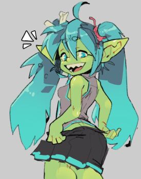  1girl ahoge black_skirt blue_eyes blue_hair colored_skin commentary cowboy_shot english_commentary freckles goblin green_skin grey_background grey_shirt hair_between_eyes hatsune_miku knuxy long_hair looking_back monster_girl monsterification open_mouth pink_ribbon pleated_skirt pointy_ears ribbon sharp_teeth shirt simple_background skirt skirt_tug solo teeth twintails very_long_hair vocaloid 