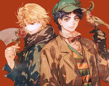  2boys bird bird_on_hand black_scarf blonde_hair blue_hair bow bowtie brown_jacket dio_brando flower green_hat grey_eyes hat holding holding_flower jacket jojo_no_kimyou_na_bouken jonathan_joestar looking_at_object looking_at_viewer male_focus multiple_boys phantom_blood popped_collar red_background red_bow red_bowtie red_eyes red_flower red_rose rose scarf shirt short_hair smile untabunta upper_body white_shirt 