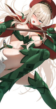  1girl absurdres alleyne_(queen's_blade) beret blush boots braid breasts cape elbow_gloves elf gloves green_boots green_gloves hair_between_eyes hana_hebi hat highres leaf_panties leaf_print long_hair midriff navel nipples one_eye_closed open_mouth panties pointy_ears polearm print_panties queen's_blade side_braid solo thigh_boots underwear very_long_hair weapon white_background 