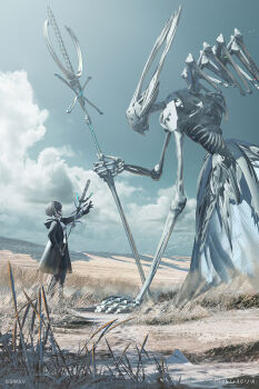  1girl black_gloves commentary_request day from_side gloves grey_hair highres holding holding_staff hood hooded_jacket jacket open_clothes open_jacket original outdoors short_hair_with_long_locks skeleton staff swav 