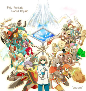  6+boys 6+girls animal_ears armor black_hair blonde_hair blue_eyes bow_(weapon) brown_hair character_request cigarette closed_eyes facial_hair fingerless_gloves glasses gloves green_eyes grey_hair gun hair_ornament hairband handgun helmet highres holding holding_bow_(weapon) holding_cigarette holding_gun holding_staff holding_sword holding_telescope holding_weapon jewelry multiple_boys multiple_girls necklace open_mouth orange_hair pink_hair pixiv_fantasia pixiv_fantasia_sword_regalia pointy_ears purple_hair red_eyes red_hair rinako shield staff sword telescope twintails weapon white_hair yellow_eyes 