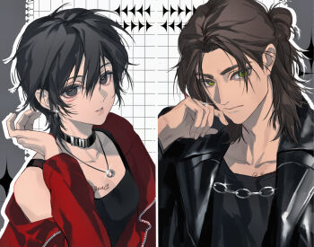  1boy 1girl alternate_costume black_choker black_hair black_jacket black_shirt black_tank_top brown_hair chain choker collarbone eren_yeager facial_scar glint green_eyes grey_eyes hair_between_eyes hair_bun hashtag-only_commentary highres jacket jewelry leather leather_jacket looking_at_viewer medium_hair mikasa_ackerman necklace open_clothes open_jacket parted_lips red_jacket ring ring_necklace scar scar_on_cheek scar_on_face shingeki_no_kyojin shirt short_hair single_bare_shoulder tank_top upper_body yun_(dl2n5c7kbh8ihcx) 