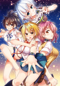  &gt;:( 4girls absurdres ass bare_shoulders barefoot black_hair black_serafuku blonde_hair bra braid braided_bangs burning burnt_clothes closed_mouth commentary_request dokyuu_hentai_hxeros frown grey_hair hair_over_one_eye high_ponytail highres hoshino_kirara long_hair momozono_momoka multiple_girls official_art panties photoshop_(medium) pink_hair ponytail red_hair ribbed_shirt ryouma_(galley) school_uniform see-through_clothes serafuku shirayuki_maihime shirt short_hair single_braid socks space standing tenkuuji_sora thighhighs underwear v-shaped_eyebrows watch white_shirt wristwatch 