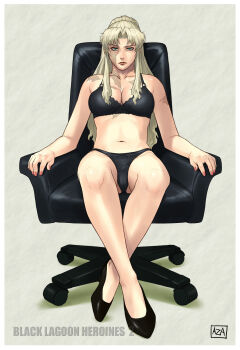 1girl azasuke balalaika_(black_lagoon) bare_shoulders black_bra black_lagoon black_panties blonde_hair bra breasts cameltoe chair cleavage crossed_legs female_focus green_eyes high_heels highres lingerie long_hair midriff mole navel panties pantyshot scar serious shoes sitting solo underwear rating:Questionable score:53 user:adduce