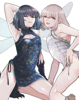  2boys absurdres arm_behind_head arm_up bare_shoulders blonde_hair blue_dress blue_eyes china_dress chinese_clothes cleavage_cutout clothing_cutout commentary_request crossdressing crossdressing_(mtf) cutout dress dual_persona fate/grand_order fate_(series) gold_dress grey_hair hand_on_own_ass hand_on_own_hip high_heels highres insect_wings looking_at_viewer male_focus medium_hair multicolored_dress multiple_boys oberon_(fate) oberon_(third_ascension)_(fate) open_mouth pectoral_cleavage pectorals print_dress sausu_hitori sleeveless smile teeth thighs trap upper_teeth_only white_dress white_footwear wings 