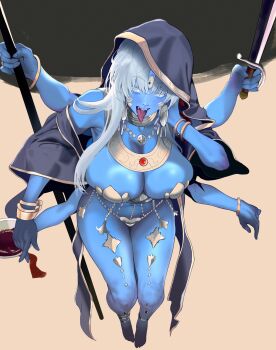  1girl absurdres arms_up blue_skin bracelet breasts cleavage cloak colored_skin extra_arms fangs fate/grand_order fate_(series) from_above full_body highres holding holding_sword holding_weapon hood hooded_cloak jewelry kali_(fate) large_breasts looking_up shishiria simple_background sitting solo sword third_eye tongue tongue_out weapon white_hair yellow_background 