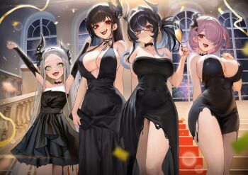 4girls absurdres bag bahamut_(nikke) bare_shoulders behemoth_(nikke) black_dress black_hair black_liquid breasts cleavage cocktail_dress cup dress evening_gown four_beasts_(nikke) glasses goddess_of_victory:_nikke grey_hair handbag hashtag-only_commentary highres holding holding_bag holding_cup horns indoors large_breasts leviathan_(nikke) liquid_clothes long_hair multiple_girls purple_hair red_eyes short_hair single_horn smile stairs thighs very_long_hair young99 ziz_(nikke)
