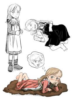  1boy 1girl aged_down ann's_forbidden_memories ann_(pokoro) apron blonde_hair boots carpet dress feet green_eyes laughing official_art pokoro speech_bubble thought_bubble  rating:General score:3 user:nekoji