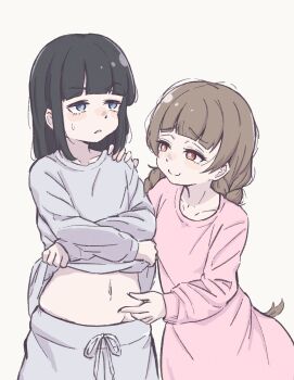  2girls absurdres black_hair blue_eyes blue_pants blue_sweater blunt_bangs braid brown_hair closed_mouth clothes_lift commentary_request cowboy_shot dress hand_on_another's_shoulder highres lifting_own_clothes long_hair long_sleeves medium_hair midriff miyao385 multiple_girls navel original pants parted_lips pinching_another's_belly pink_sweater raised_inner_eyebrows red_eyes simple_background small_sweatdrop smile standing straight_hair sweater sweater_dress sweater_lift unamused very_long_hair white_background yuri 