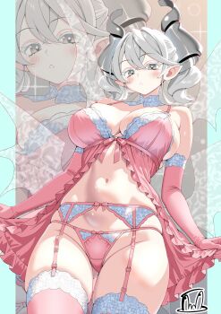  1girl absurdres artist_name babydoll bare_shoulders blue_background blush breasts cellphone cleavage commentary cowboy_shot crossed_bangs demon_girl demon_horns demon_wings drill_hair duel_monster earrings garter_belt glint gluteal_fold grey_background grey_eyes grey_hair grey_horns groin highres holding horns jewelry large_breasts lingerie long_hair looking_at_viewer lovely_labrynth_of_the_silver_castle multiple_wings navel nightgown nightgown_lift panties parted_lips phone pink_babydoll pink_panties pink_thighhighs selfie sideboob sidelocks silver_earrings silver_horns silver_wings skindentation smartphone solo standing star_(symbol) stomach taking_picture tama_amata thighhighs thighs twin_drills underwear underwear_only wings yu-gi-oh! zoom_layer 