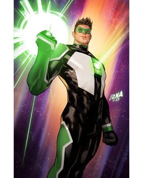  1boy black_bodysuit bodysuit brown_hair clenched_hands commentary david_nakayama dc_comics domino_mask english_commentary eye_mask green_bodysuit green_lantern green_lantern_(series) green_mask highres kyle_rayner looking_at_viewer mask multicolored_bodysuit pillarboxed short_hair solo white_bodysuit 