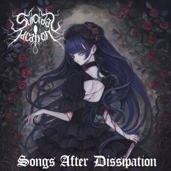  1girl acrylic_paint_(medium) album_cover back back_cutout backless_dress backless_outfit black_choker black_dress bleeding blood blue_eyes blue_hair bonnet choker clothing_cutout commentary_request cover cuts dress english_text flower gothic_lolita highres holding holding_knife injury knife lolita_fashion long_hair looking_at_viewer looking_back original painting_(medium) pale_skin plant red_flower red_rose rose shoulder_blades solo sumire_shisei traditional_media very_long_hair vines 