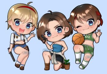  3girls ball basketball_(object) basketball_uniform black_skirt blonde_hair blue_background blue_eyes blue_tube_top brown_hair chibi clothes_around_waist gun hairband handgun holding holding_gun holding_weapon jill_valentine midriff miniskirt multiple_girls one_eye_closed open_mouth plant potted_plant rebecca_chambers red_hairband resident_evil resident_evil_0 resident_evil_3:_nemesis resident_evil_6 sherry_birkin shorts signature simple_background sinau skirt smile sportswear strapless sweater sweater_around_waist tube_top weapon 