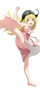  1girl absurdres arm_up aviator_cap aviator_goggles bare_arms bare_legs barefoot blonde_hair blush_stickers bottomless center_frills collarbone commentary_request curled_fingers dress dress_flip dress_ribbon fangs flat_chest floating_hair foreshortening frills full_body goggles goggles_on_headwear green_helmet hair_flaps halterneck hand_up helmet high_kick highres kicking long_hair monogatari_(series) na-suke no_panties open_mouth oshino_shinobu petticoat pink_dress red_ribbon revision ribbon ringed_eyes roundhouse_kick shadow shoulder_blush sleeveless sleeveless_dress solo standing standing_on_one_leg sundress teeth toes upper_teeth_only v-shaped_eyebrows very_long_hair yellow_eyes 