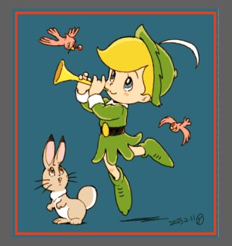  1boy belt bird black_belt blonde_hair blue_eyes closed_mouth commentary dated feathers flying green_hat green_shoes green_tunic hands_up hat hat_feather holding holding_instrument horn_(instrument) instrument looking_at_animal looking_at_another midair mouth_hold orange_eyes rabbit ribbon_no_kishi sakai_yume shoes short_hair signature smile standing tink_(ribbon_no_kishi) tunic whiskers white_feathers 