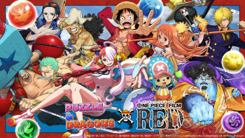  3girls 6+boys :3 angel_wings attack bikini black_hair blonde_hair blue_eyes breasts brook_(one_piece) clima-tact closed_eyes dress earrings eyelashes facial_scar franky_(one_piece) green_bikini green_hair happy hat holding holding_sword holding_weapon jewelry jinbe_(one_piece) jumping katana large_breasts large_pectorals long_hair monkey_d._luffy multicolored_hair multiple_boys multiple_girls muscular nami_(one_piece) nami_(one_piece)_(return_to_sabaody) nico_robin nico_robin_(return_to_sabaody) official_art one_eye_closed one_piece one_piece:_film_red open_mouth pectorals promotional_art punching puzzle_&amp;_dragons roronoa_zoro sanji_(one_piece) scar scar_on_cheek scar_on_face serious short_hair shoulder_tattoo skeleton smile straw_hat straw_hat_pirates sunglasses_on_head swimsuit sword tattoo tony_tony_chopper two-tone_hair usopp uta_(one_piece) weapon white_dress wings zipper 