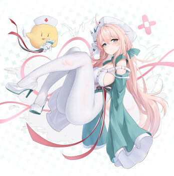  1girl absurdres ahoge azur_lane bandaid bandaid_on_face breasts chinese_commentary cleavage commentary_request crossed_bangs dress floating floating_hair green_eyes green_leotard green_shrug hair_between_eyes hat high_heels highres kafeifeifeifeifeifei_jiemo_jun leotard long_hair looking_at_viewer manjuu_(azur_lane) medium_breasts nurse_cap pantyhose parted_lips pink_hair shoes shrug_(clothing) sideboob sleeves_past_fingers sleeves_past_wrists solo stuffed_animal stuffed_toy teddy_bear torn_clothes torn_pantyhose twintails ugolino_vivaldi_(azur_lane) white_pantyhose white_shoes 