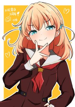  >:) 1girl anniversary blue_eyes border brown_dress closed_mouth commentary_request daime_(hyahhaa10) dress hair_intakes hair_ornament hasu_no_sora_school_uniform heart highres hinoshita_kaho link!_like!_love_live! long_sleeves looking_at_viewer love_live! medium_hair middle_w neckerchief outside_border rabbit_hair_ornament red_neckerchief sailor_collar sailor_dress school_uniform smile solo translation_request two_side_up v-shaped_eyebrows virtual_youtuber w w_over_face white_border white_sailor_collar winter_uniform yellow_background 