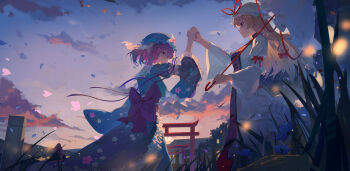  2girls absurdres armband back_bow blonde_hair blue_hat blue_kimono bow cloud cloudy_sky commentary_request dress expressionless falling_petals floral_print flower frilled_armband frilled_dress frilled_kimono frills from_below grass handshake hat highres holding holding_hands holding_umbrella japanese_clothes juliet_sleeves kimono large_bow long_dress long_hair long_sleeves looking_at_another medium_hair mob_cap multiple_girls multiple_torii outdoors parasol petals pink_bow pink_eyes pink_hair profile puffy_sleeves purple_tabard qianeyejiaorouji red_eyes saigyouji_yuyuko scenery sky sunset tabard torii touhou triangular_headpiece twilight umbrella waist_bow white_armband white_hat yakumo_yukari 