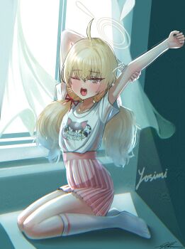  1girl ;o ahoge arms_up blonde_hair blue_archive blush character_name collarbone commentary_request curtains halo hand_on_own_arm highres indoors kneehighs kneeling korean_commentary logo_print long_hair looking_at_viewer official_alternate_costume one_eye_closed pink_skirt pleated_skirt shirt shirt_tucked_in short_hair signature skirt sleepy socks solharuu solo squeans stretching t-shirt tears teeth twintails upper_teeth_only white_shirt white_socks window yawning yoshimi_(band)_(blue_archive) yoshimi_(blue_archive) 