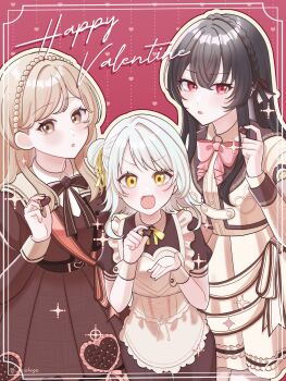  3girls alternate_costume aqua_hair asakage black_dress black_hair black_ribbon blush bow bowtie braid brown_dress brown_hair candy chocolate chocolate_heart collared_dress collared_shirt commentary_request cowboy_shot crown_braid cursive dress food hair_bun hair_ribbon happy_valentine heart heart-shaped_food highres holding holding_chocolate holding_food koto_satsuki koyanagi_kaho long_hair long_sleeves looking_at_viewer maid multiple_girls neck_ribbon open_mouth outline pink_bow pink_bowtie pleated_dress puffy_short_sleeves puffy_sleeves red_eyes ribbon sena_ajisai shirt short_sleeves single_side_bun skirt star-shaped_chocolate star-shaped_food star_(symbol) twitter_username watashi_ga_koibito_ni_nareru_wake_naijan_murimuri! white_shirt white_skirt yellow_outline yellow_ribbon 