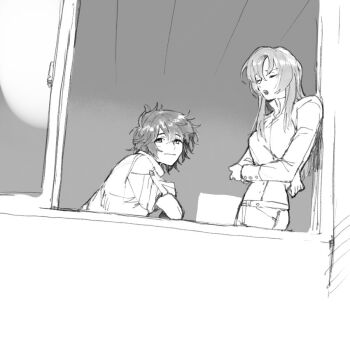  1boy 1girl crossed_arms greyscale ikoma_yumi leaning long_hair long_sleeves looking_outside masaoka_ryou michi_naka monochrome school_uniform shirt short_hair shorts sketch sleeve_cuffs smile soukyuu_no_fafner window 