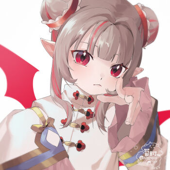  1girl :&lt; alamp blunt_bangs blush chinese_clothes colored_inner_hair demon_wings double_bun frilled_sleeves frills grey_hair hair_bun hair_intakes hair_over_shoulder highres jacket long_hair long_sleeves looking_at_viewer makaino_ririmu multicolored_hair nijisanji official_alternate_costume official_alternate_hairstyle pink_frills pink_hair pointing pointing_at_viewer pointy_ears portrait red_eyes red_wings sidelocks simple_background sleeves_past_wrists solo streaked_hair virtual_youtuber watermark white_background white_jacket wings 