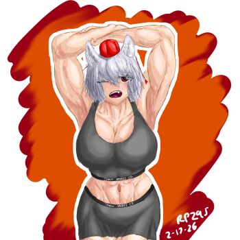  abs absurdres animal_ears armpits blush breasts fang grey_hair gym_uniform hat highres inubashiri_momiji large_breasts muscular muscular_female rp295 self-upload short_hair signature simple_background sweat sweatdrop tokin_hat touhou wolf_ears 