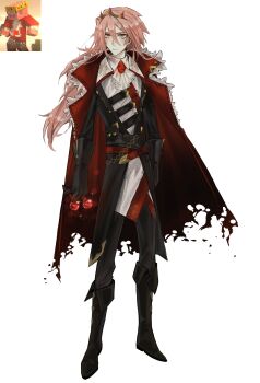  1boy absurdres adapted_costume androgynous animification ascot belt bishounen black_boots black_coat black_gloves black_pants blue_eyes boots bottle brooch cape coat commentary crown dream_smp english_commentary full_body fur-trimmed_cape fur_trim gloves gold_crown hair_between_eyes highres holding holding_bottle holding_potion humanization jeweled_crown jewelry long_hair long_sleeves looking_at_viewer male_focus minecraft minecraft_youtube multicolored_eyes pants pink_hair pointed_crown potion red_belt red_cape red_eyes reference_inset shanuraru shirt simple_background solo standing technoblade very_long_hair white_ascot white_background white_shirt 