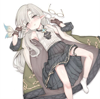  1girl armpits ascot bare_shoulders black_skirt blush breasts brown_eyes brown_gloves coat come_hither fingerless_gloves foot_out_of_frame glasses gloves green_coat grey_hair heart liyu_(user_sfpu5743) long_hair looking_at_viewer lying no_shoes on_back open_clothes pleated_skirt pointy_ears princess_connect! round_eyewear sex_toy shirt simple_background skirt sleeveless sleeveless_shirt small_breasts smile socks solo sono_(princess_connect!) symbol-shaped_pupils thigh_strap unworn_eyewear very_long_hair vibrator vibrator_cord vibrator_under_clothes white_background white_shirt white_socks 