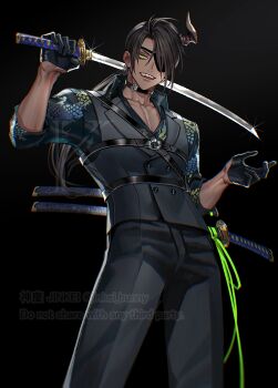  1boy alternate_costume animal_ears aragami_oga artist_name backlighting black_background black_choker black_gloves black_hair black_pants black_vest buttons chest_strap choker collarbone commentary_request cowboy_shot dark-skinned_male dark_skin demon_horns double-breasted dragon_print dress_pants earrings english_text eyepatch formal_clothes gloves green_eyes hair_between_eyes highres holding holding_sword holding_weapon holostars horns jacket jewelry jinkei katana looking_at_viewer male_focus medium_hair open_mouth pants ponytail ribbon sharp_teeth sheath sheathed single_horn smile solo sparkle standing suit sword teeth thighs vest virtual_youtuber watermark weapon weapon_on_back yellow_ribbon 
