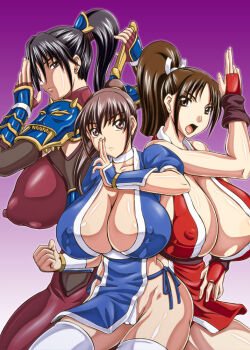  3girls armor black_hair bodysuit breasts brown_hair cameltoe cleavage covered_erect_nipples cowboy_shot crossover curvy dead_or_alive fatal_fury female_focus fighting_stance gradient_background groin high_ponytail hip_focus huge_breasts kasumi_(doa) kuji-in lingerie long_hair looking_at_viewer multiple_girls natsuru_(anglachel) ninja nipples no_bra pelvic_curtain ponytail revealing_clothes shiny_skin shiranui_mai sideboob simple_background soul_calibur soulcalibur soulcalibur_iv taki_(soulcalibur) tecmo the_king_of_fighters thighhighs trait_connection underwear white_thighhighs  rating:Questionable score:77 user:Marcerner