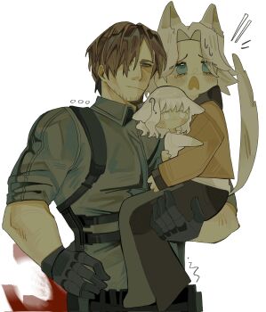  1boy 2girls ? animal_ears arm_around_back beard_stubble black_gloves black_pants black_shirt blind blonde_hair blue_eyes brown_hair cat_ears cat_girl cat_tail child closed_mouth dress emily_(resident_evil) facial_hair frown furrowed_brow gloves grace_ashcroft grey_eyes hair_over_one_eye hand_on_own_hip highres jacket kemonomimi_mode leon_s._kennedy multiple_girls orange_jacket pants parted_bangs resident_evil resident_evil_requiem scared shirt stubble sweatdrop tail tears wavy_mouth white_background white_dress white_hair zhienzhienx_x 