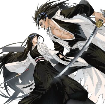 1boy 1girl anima_tion_1 bankai black_hair bleach bleach:_sennen_kessen-hen commentary_request fighting_stance haori highres holding holding_sword holding_weapon japanese_clothes kimono korean_commentary long_hair minazuki_(bankai) open_clothes open_kimono scar_on_sternum sword taichou_haori unohana_retsu weapon zanpakutou zaraki_kenpachi
