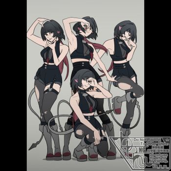  1girl animal_ears arm_up armpits bare_shoulders black_hair black_shirt black_shorts boots breasts commentary_request crop_top full_body garter_straps grey_background grey_boots hand_on_own_chin hand_on_own_head head_tilt high-waist_shorts iris_out_(song) jane_doe_(zenless_zone_zero) leg_up long_hair long_tail looking_at_viewer medium_breasts mouse_ears mouse_girl mouse_tail multicolored_hair multiple_views necktie no_jacket pantyhose pillarboxed red_hair red_nails scene_reference sharp_tail shirt shorts single_garter_strap single_leg_pantyhose single_thighhigh sleeveless sleeveless_shirt smile squatting standing standing_on_one_leg tail thighhighs to_te_na torn_clothes torn_pantyhose torn_thighhighs two-tone_necktie zenless_zone_zero 