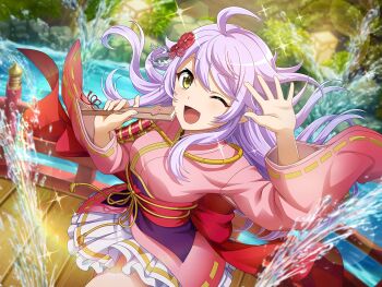  1girl ahoge armor bridge folded_fan folding_fan game_cg hair_ornament hand_fan hands_up holding holding_fan japanese_clothes kimono long_hair long_sleeves looking_at_viewer obi official_art one_eye_closed open_mouth otonashi_ichie pink_kimono purple_hair sash shoujo_kageki_revue_starlight shoujo_kageki_revue_starlight_-re_live- shoulder_armor skirt skirt_under_kimono solo upper_body water white_skirt wide_sleeves yellow_eyes 