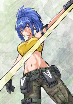 1girl badly_tagged_upload blue_eyes blue_hair breasts gloves gots522 large_breasts leona_heidern long_hair looking_at_viewer military pale_skin pants ponytail shirt tank_top the_king_of_fighters