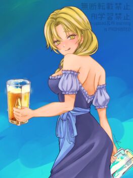  1girl alcohol azumanada bare_shoulders beer blonde_hair breasts dress ilia_silvestri long_hair looking_at_viewer ponytail smile solo star_ocean star_ocean:_first_departure watermark yellow_eyes 