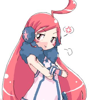  1girl 2000s_(style) ahoge anger_vein crossed_arms cyber_fashion dress faux_retro_artstyle gloves headphones headset jaggy_lines jitome joints long_hair looking_at_viewer lowres negiwave2000 oekaki paintbbs_(medium) pout red_eyes red_hair robot_joints sf-a2_miki simple_background solo spoken_anger_vein star_(symbol) very_long_hair vocaloid white_background wrist_cuffs 