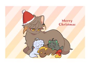  ahoge animal animal_focus animal_with_hair animalization baby_animal blue_hair border brown_hair cat christmas closed_eyes commentary_request diagonal-striped_background dog double-parted_bangs ganyu_(genshin_impact) genshin_impact gradient_hair green_hair hair_between_eyes hat highres kitten merry_christmas multicolored_hair nasuka_gee no_humans orange_hair outside_border puppy santa_hat striped_background white_border xiao_(genshin_impact) yellow_background yellow_eyes zhongli_(genshin_impact) 