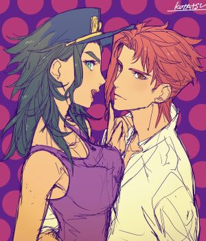  1boy 1girl blue_hair breast_press closed_mouth commentary_request genderswap genderswap_(mtf) highres jewelry jojo_no_kimyou_na_bouken kakyoin_noriaki kotatsu_(g-rough) kuujou_joutarou lips long_hair open_mouth stardust_crusaders 